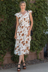 Brown Floral Button Detail Maternity Midi Dress