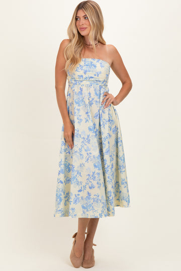 Light Blue Strapless Floral Maxi Dress