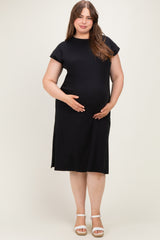 Black Plus Round Neck Maternity Short Sleeve Midi Dress