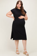 Black Plus Round Neck Maternity Short Sleeve Midi Dress