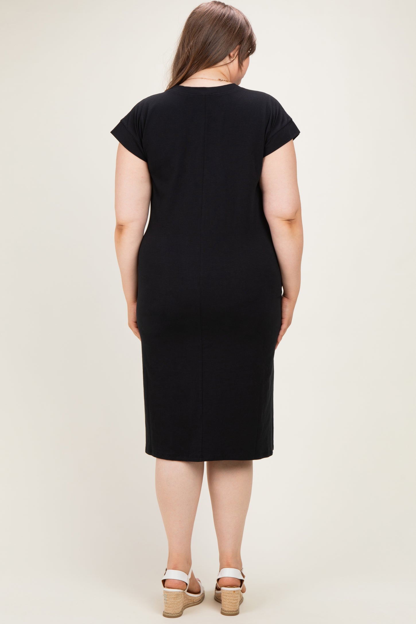 Black Plus Round Neck Maternity Short Sleeve Midi Dress