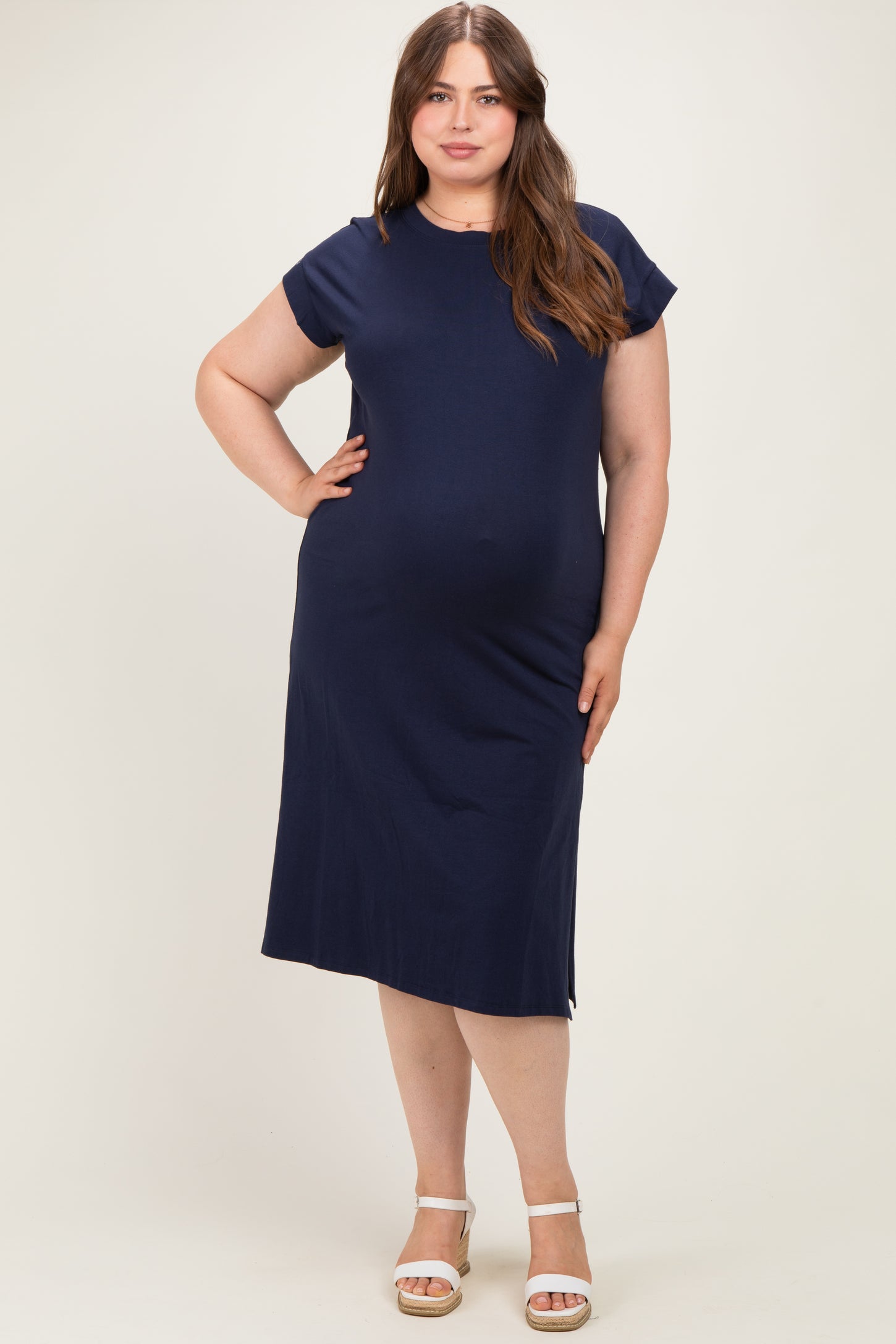 Navy Plus Round Neck Maternity Short Sleeve Midi Dress