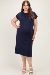 Navy Plus Round Neck Maternity Short Sleeve Midi Dress