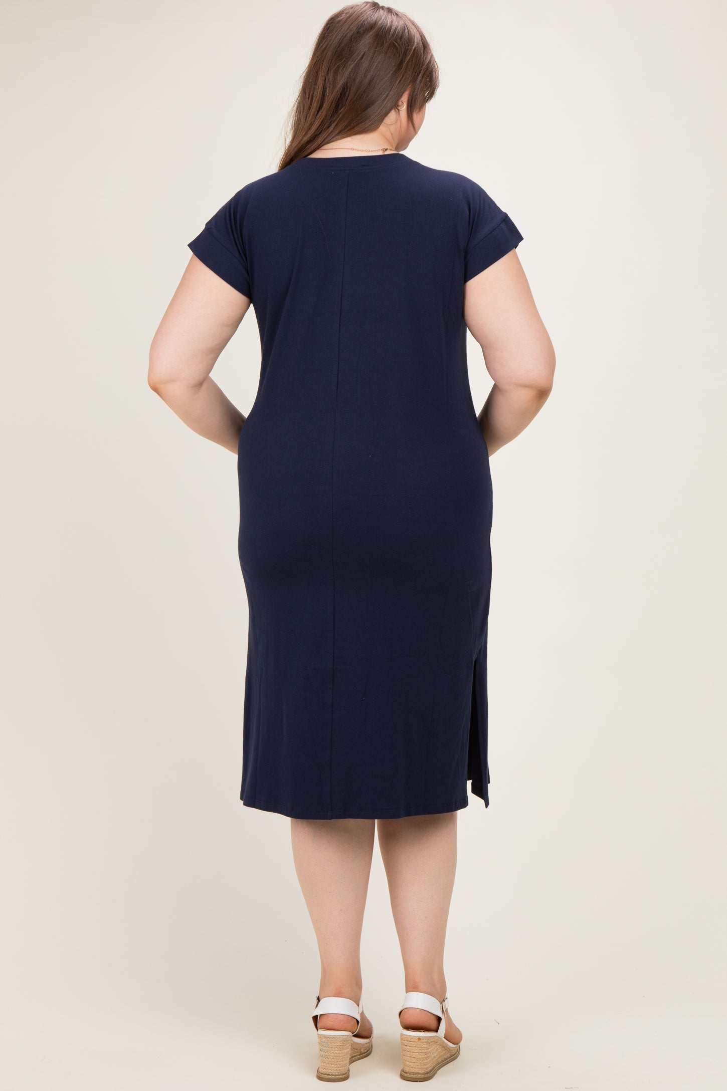 Navy Plus Round Neck Maternity Short Sleeve Midi Dress