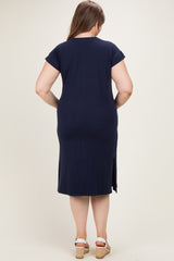 Navy Plus Round Neck Maternity Short Sleeve Midi Dress