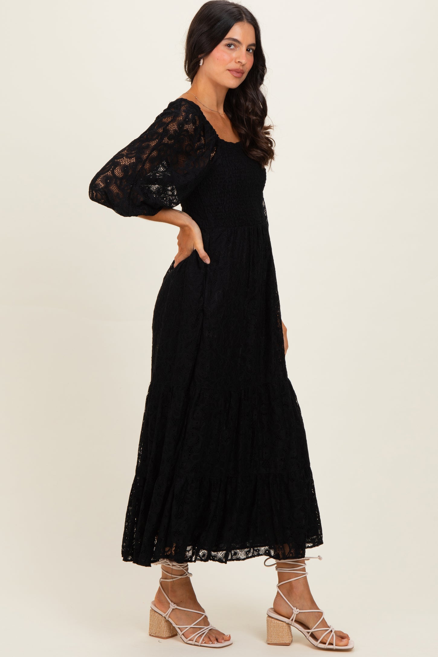 Black Lace Smocked Midi Dress