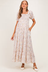 Cream Floral Ruffle Accent Smocked Maternity Maxi Dress