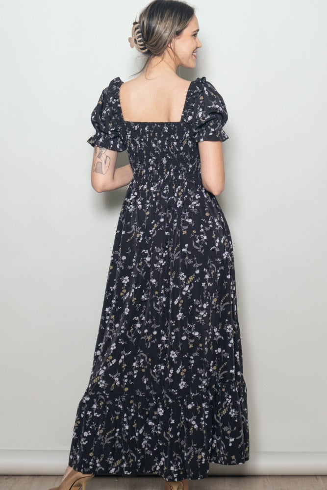 Black Floral Ruffle Accent Smocked Maxi Dress