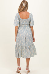 Light Blue Floral Smocked Maternity Midi Dress