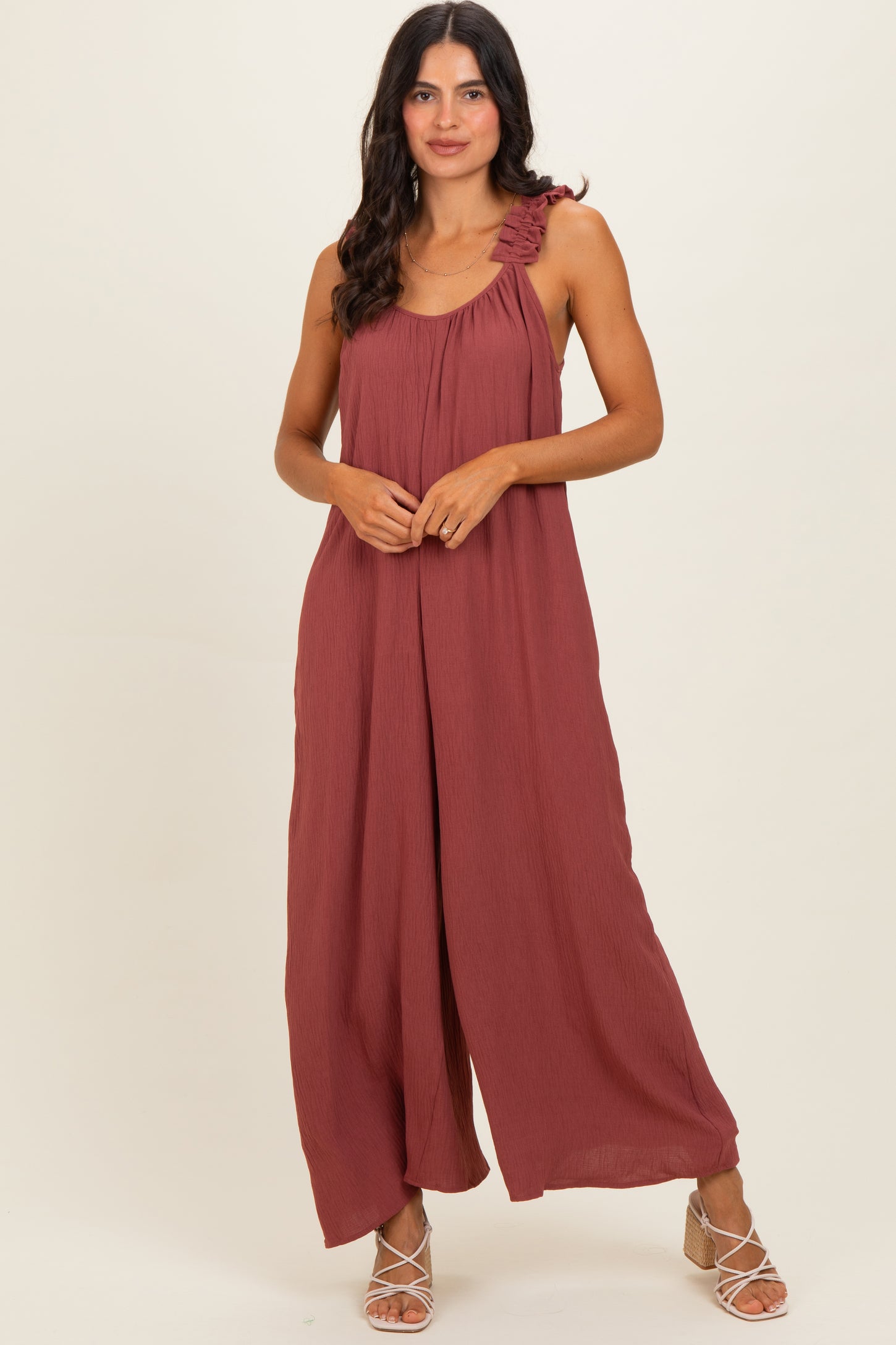 Marsala Ruffle Strap Wide Leg Jumpsuit
