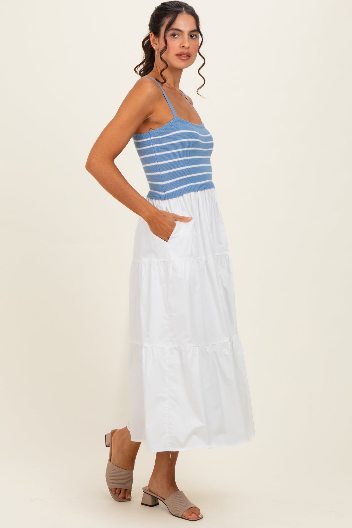 Blue Striped Knit Top Tiered Midi Dress