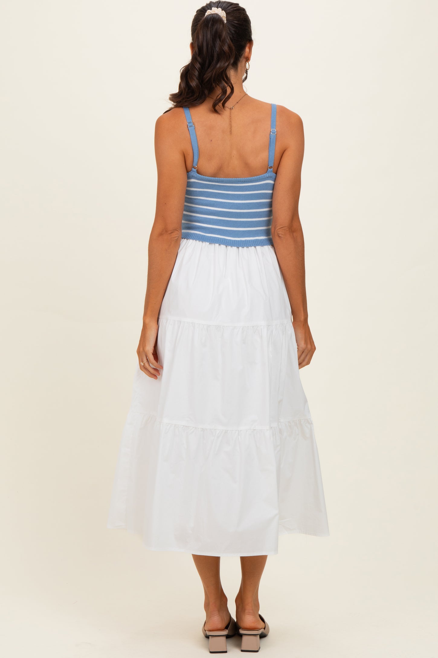 Blue Striped Knit Top Tiered Midi Dress