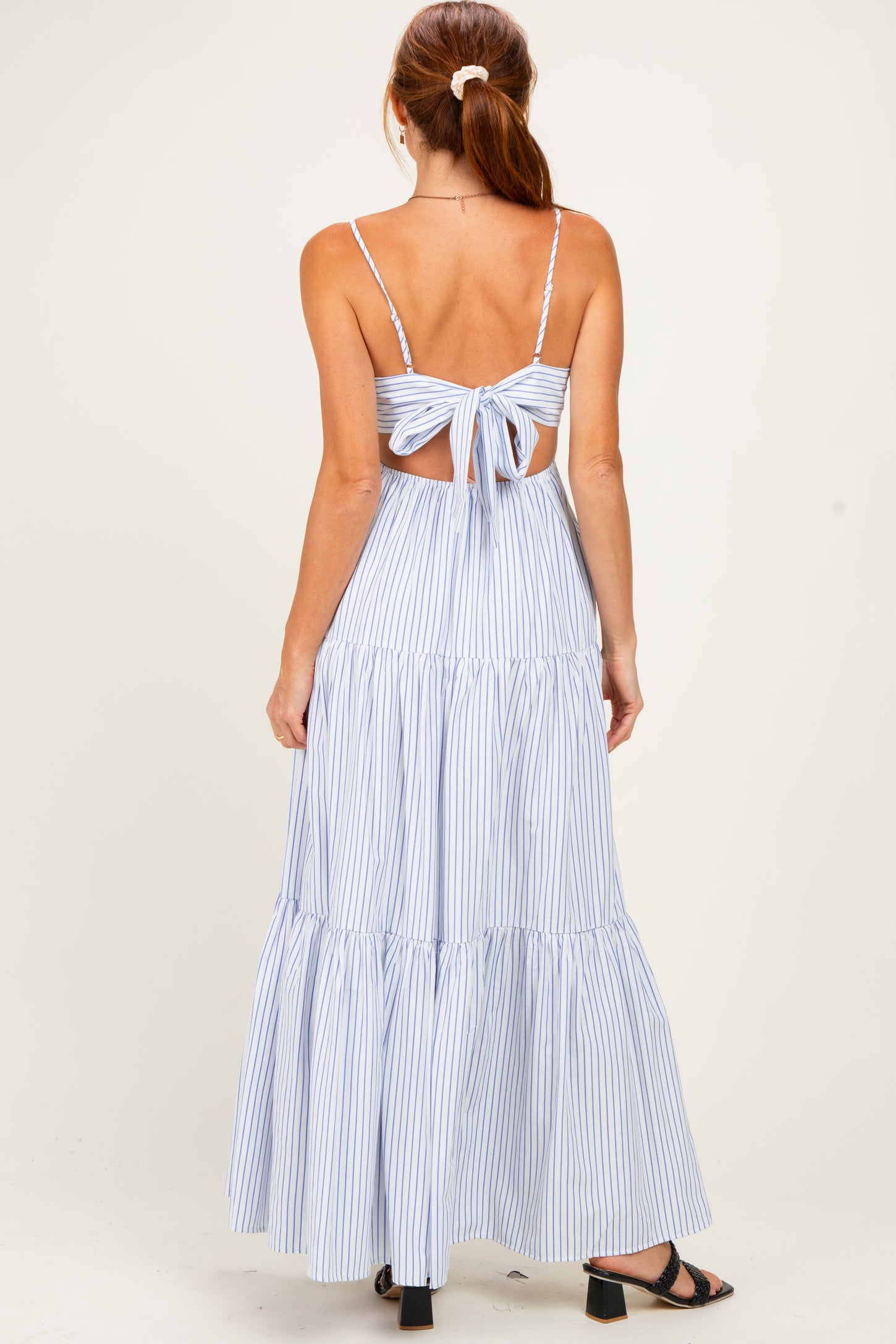 White Striped Cutout Tie Back Maxi Dress
