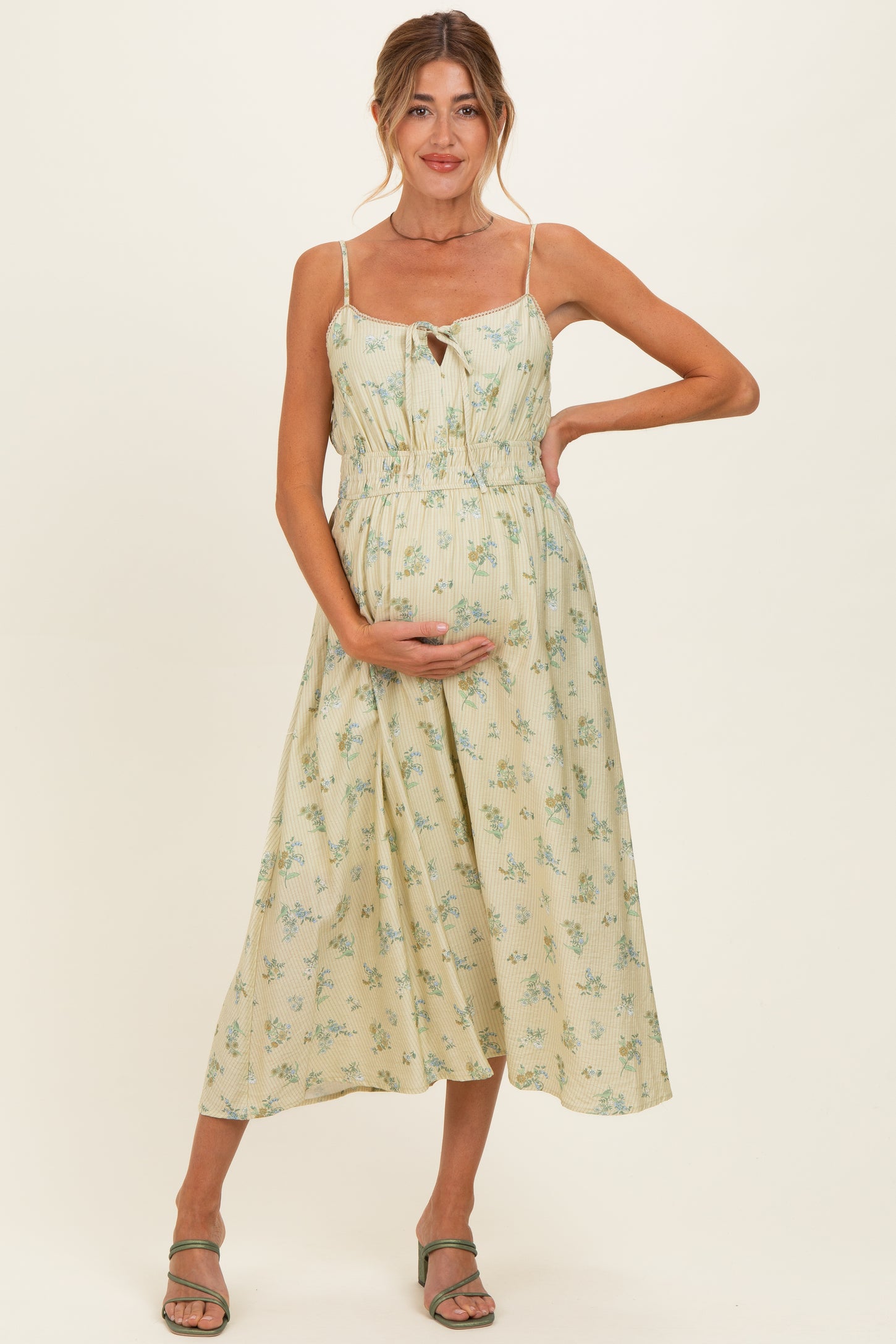 Cream Striped Floral Smocked Waist Maternity Midi Dress