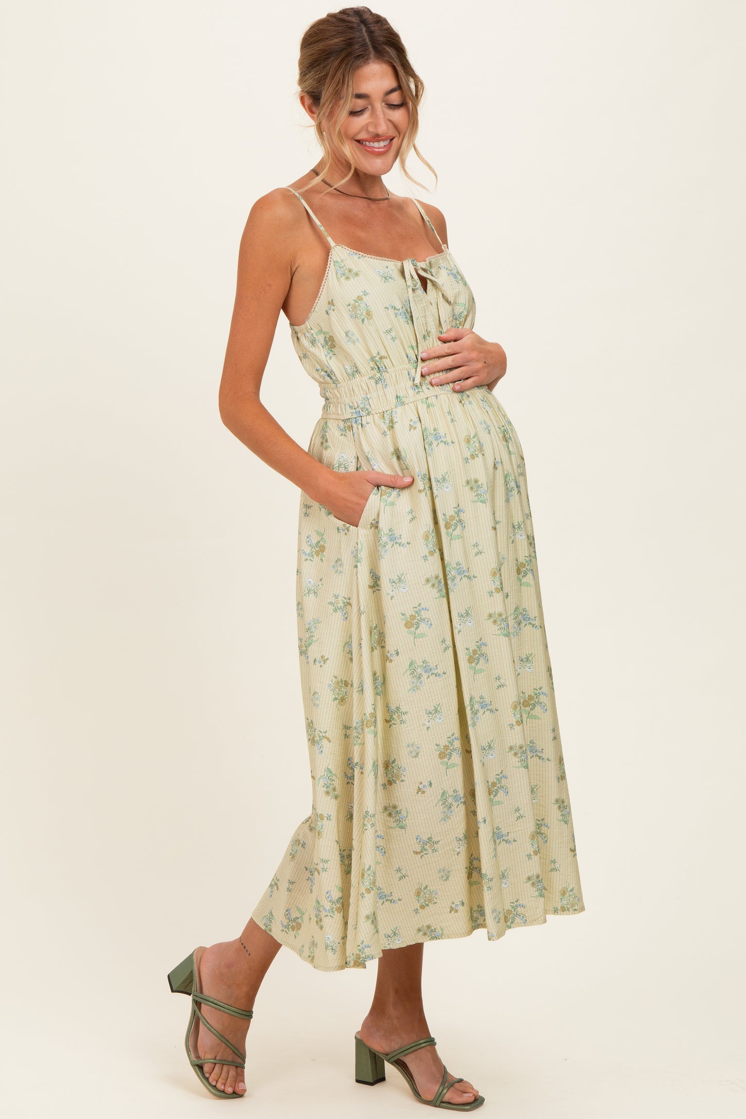 Cream Striped Floral Smocked Waist Maternity Midi Dress