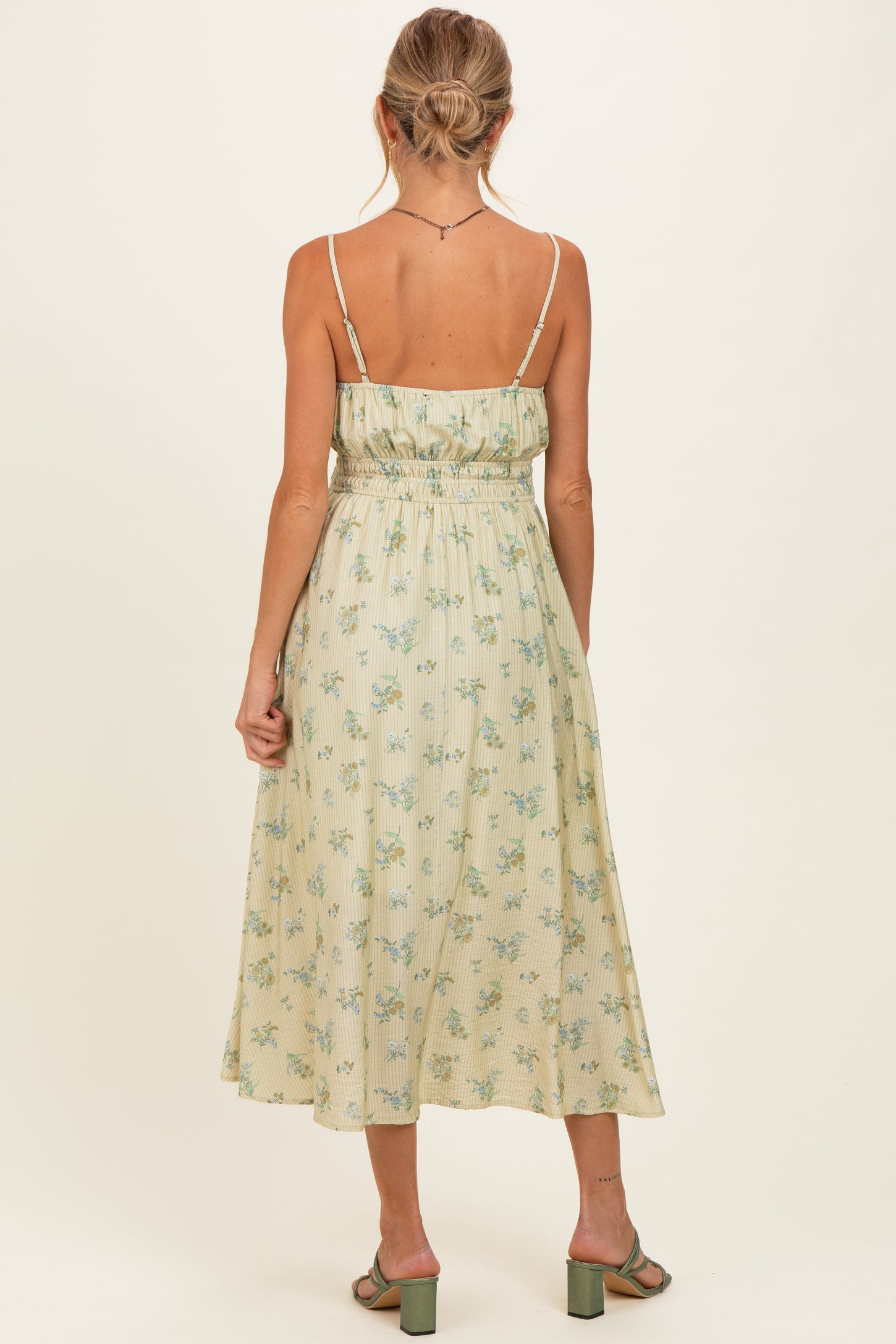 Cream Striped Floral Smocked Waist Maternity Midi Dress