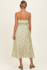 Cream Striped Floral Smocked Waist Maternity Midi Dress