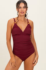 Dark Red Ribbed O-Ring Strap Cutout Back One Piece Swimsuit
