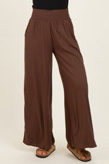 Brown Smocked Waistband Wide Leg Lounge Pants
