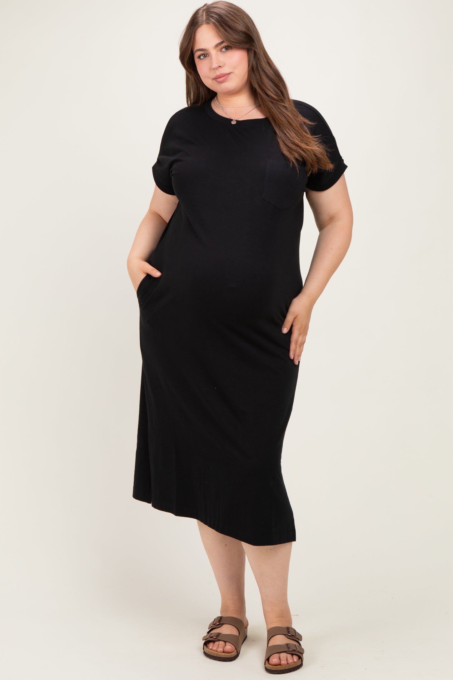 Black Plus Round Neck Short Sleeve Maternity Midi Dress