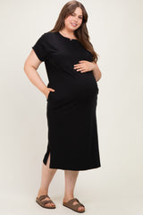 Black Plus Round Neck Short Sleeve Maternity Midi Dress