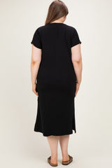 Black Plus Round Neck Short Sleeve Maternity Midi Dress