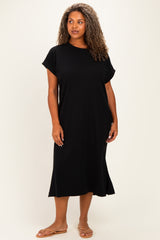Black Plus Round Neck Short Sleeve Maternity Midi Dress