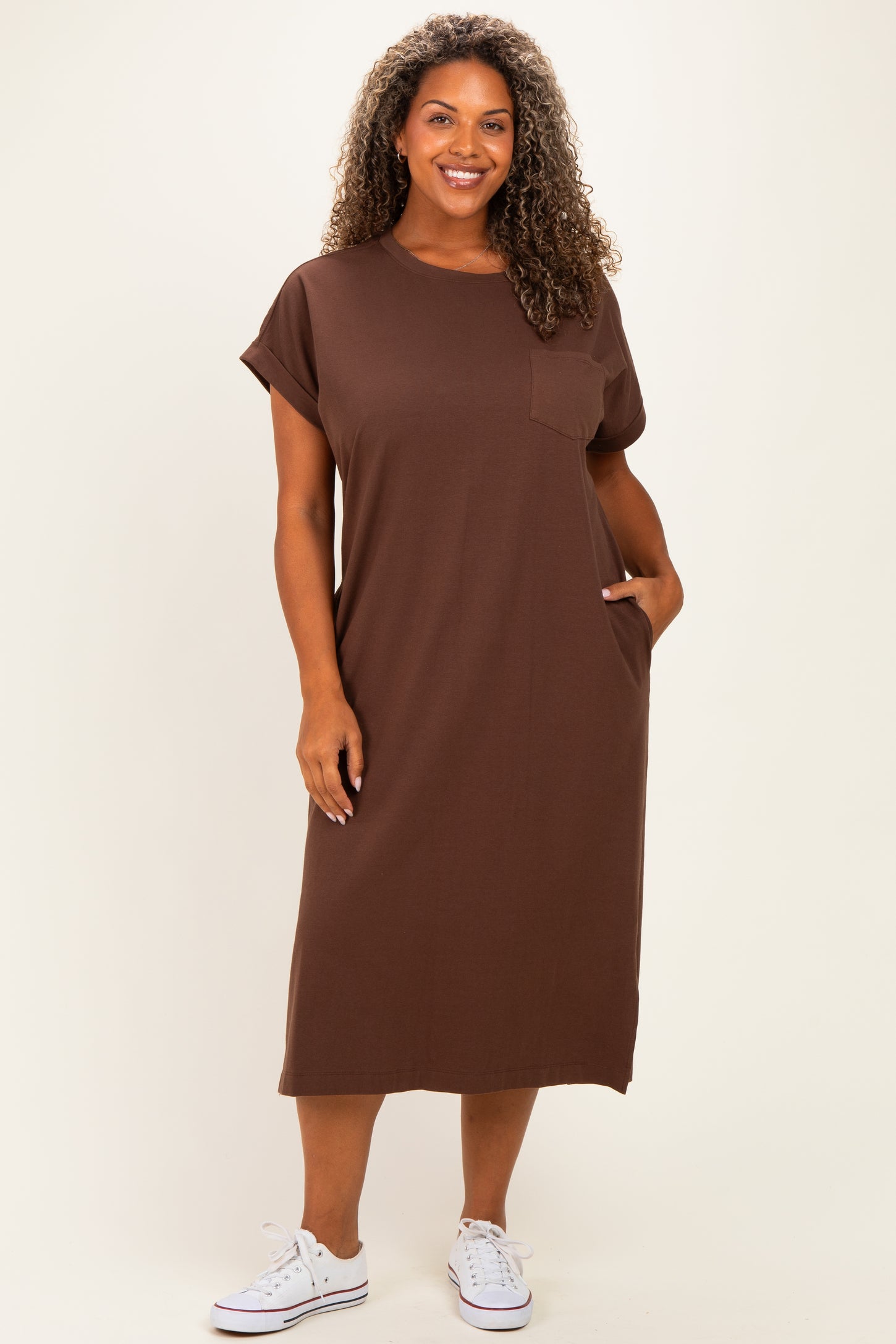 Brown Plus Round Neck Short Sleeve Midi Dress