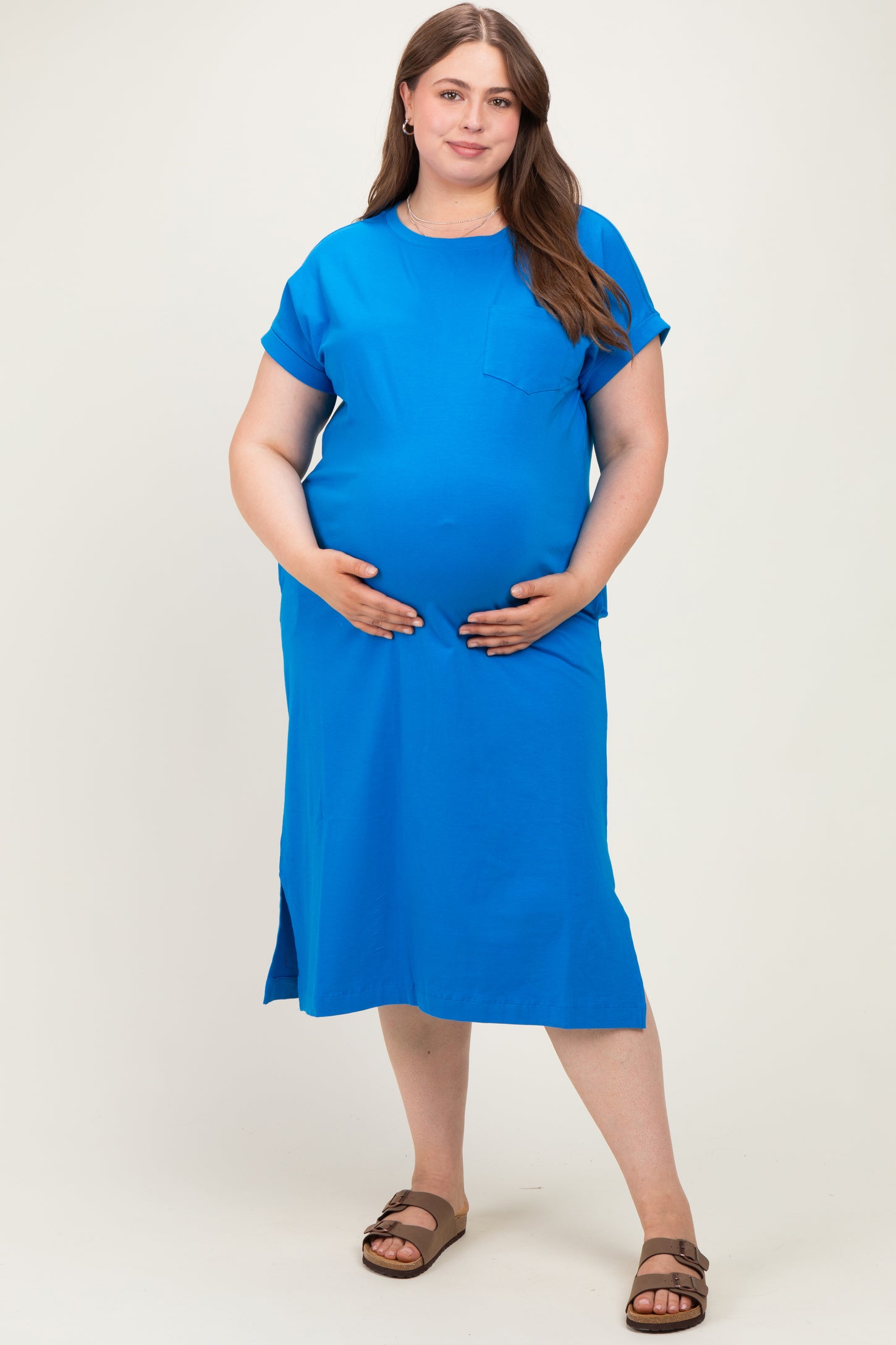 Royal Blue Plus Round Neck Short Sleeve Maternity Midi Dress