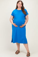 Royal Blue Plus Round Neck Short Sleeve Maternity Midi Dress