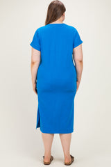 Royal Blue Plus Round Neck Short Sleeve Maternity Midi Dress