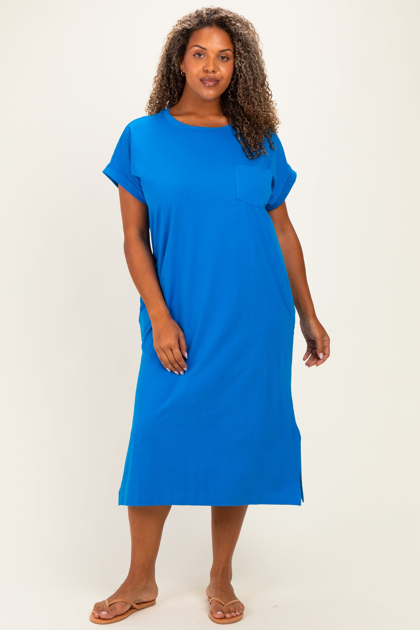 Royal Blue Plus Round Neck Short Sleeve Maternity Midi Dress