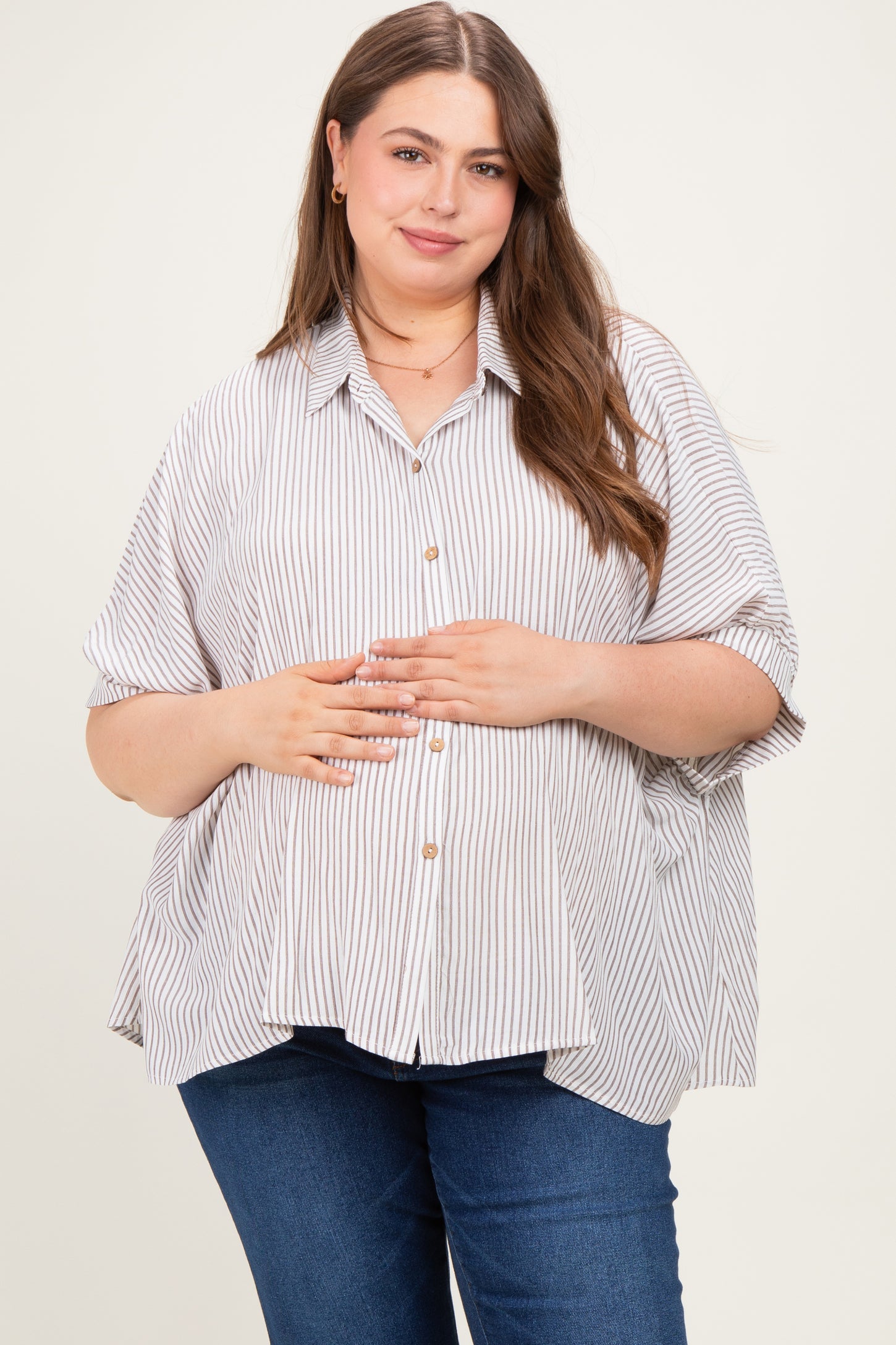 Brown Plus Woven Stripe Button Down  Maternity Top