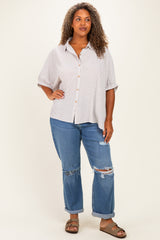 Brown Plus Woven Stripe Button Down Top