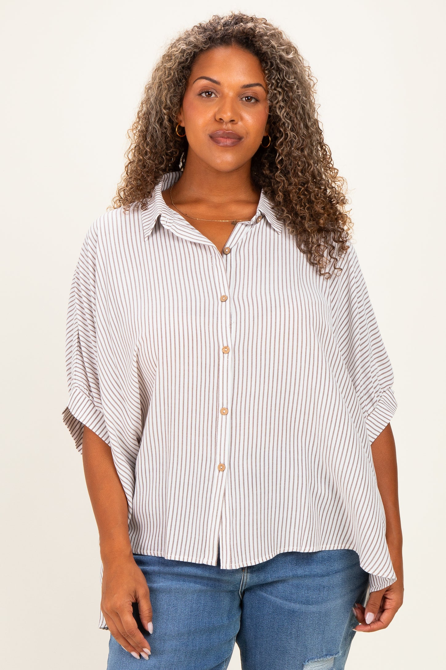 Brown Plus Woven Stripe Button Down  Maternity Top
