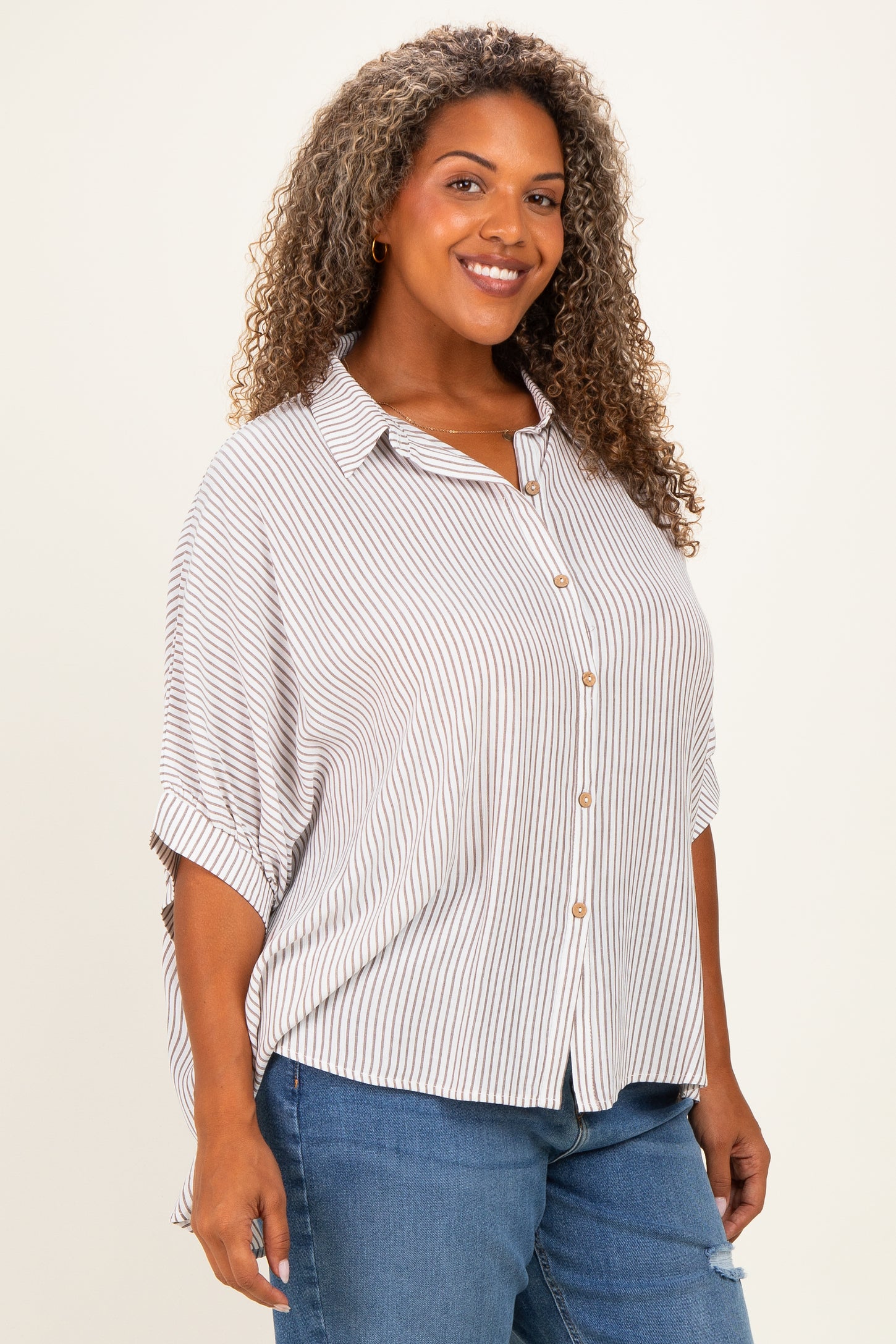 Brown Plus Woven Stripe Button Down Top