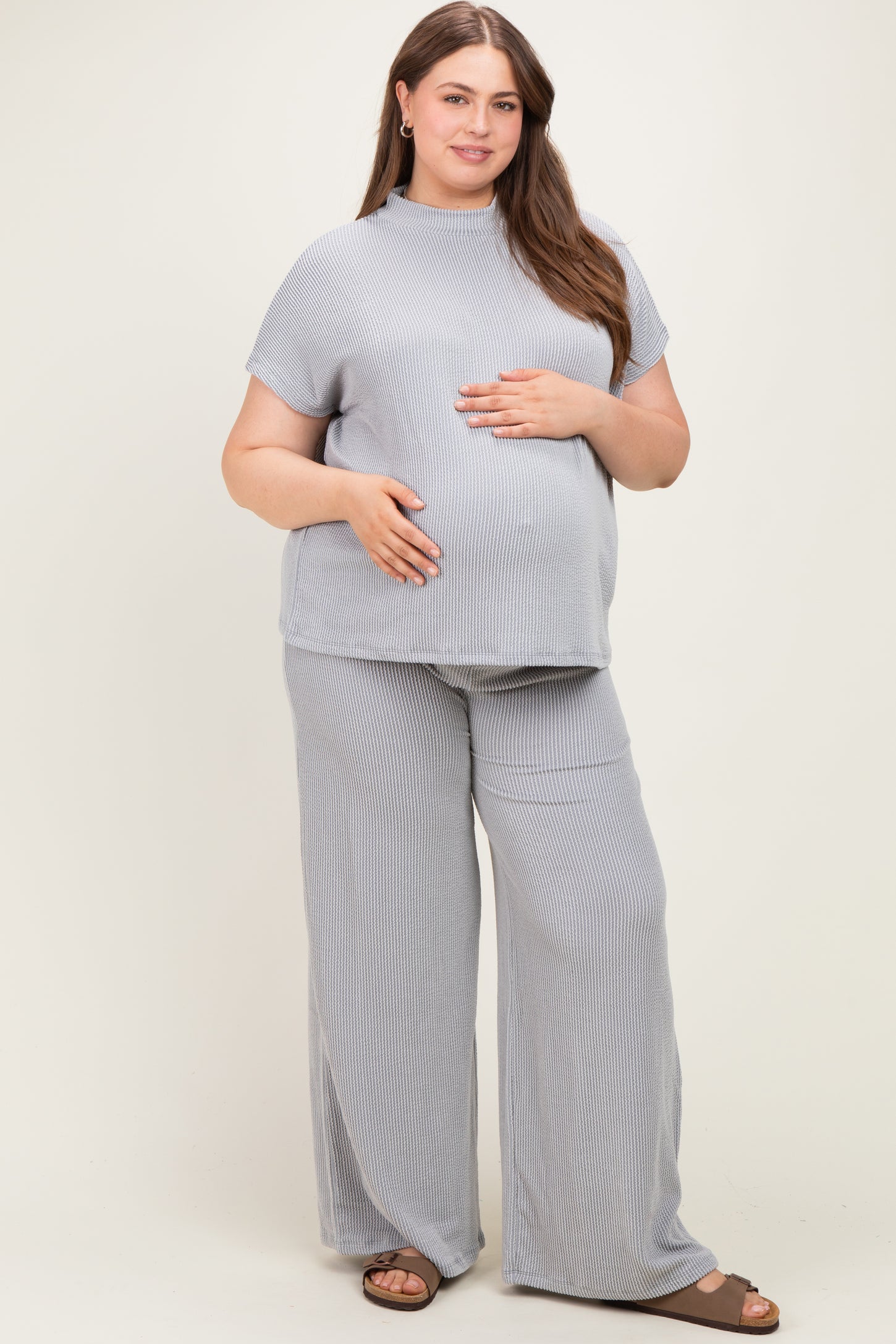 Grey Plus Raised Rib Short Sleeve Maternity Tee & Pants Set