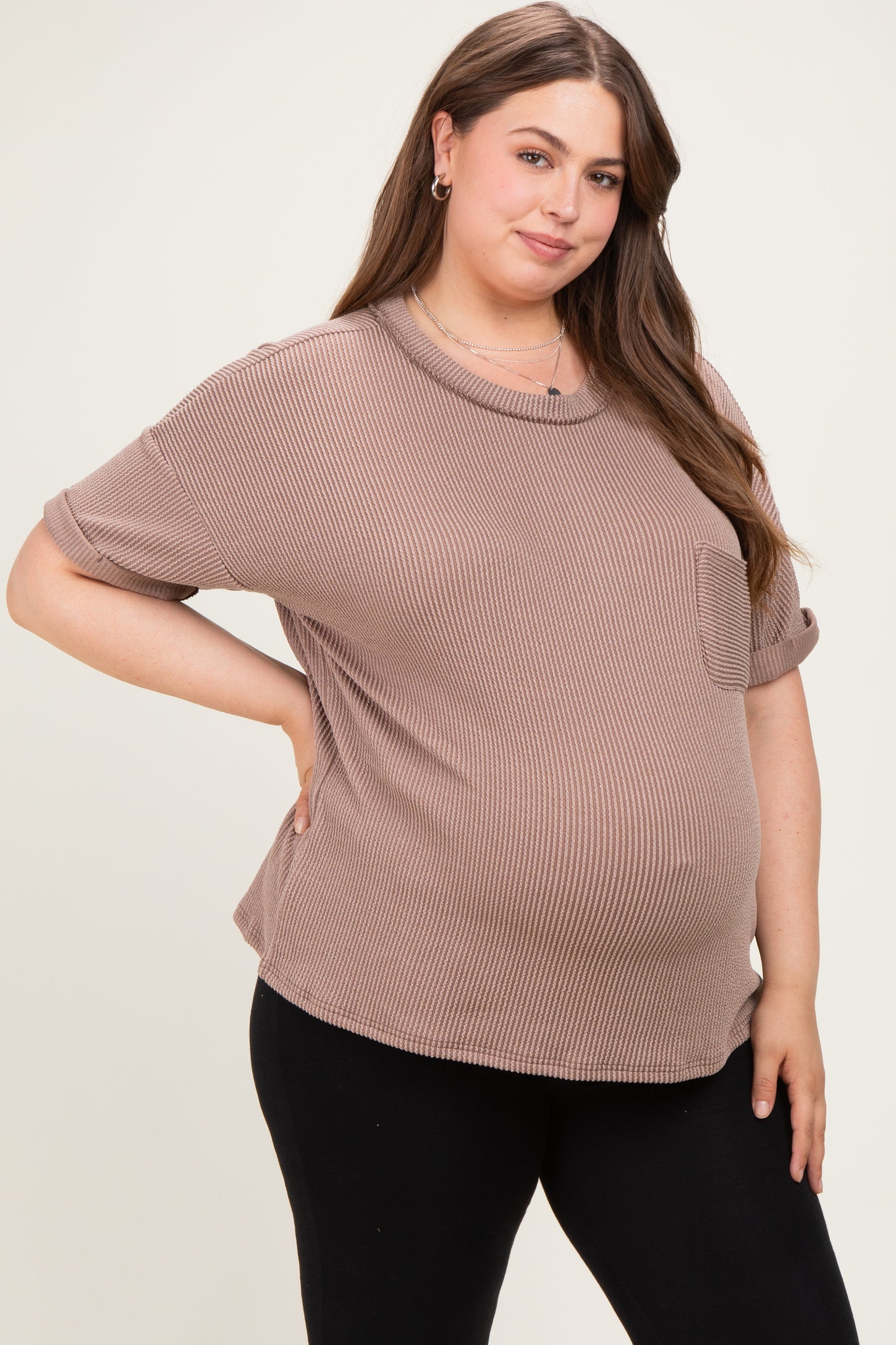 Mocha Plus Raised Rib Short Sleeve Front Pocket Maternity Top