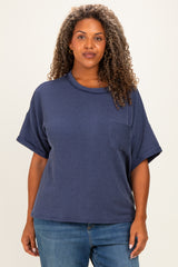 Navy Plus Raised Rib Short Sleeve Front Pocket Maternity Top