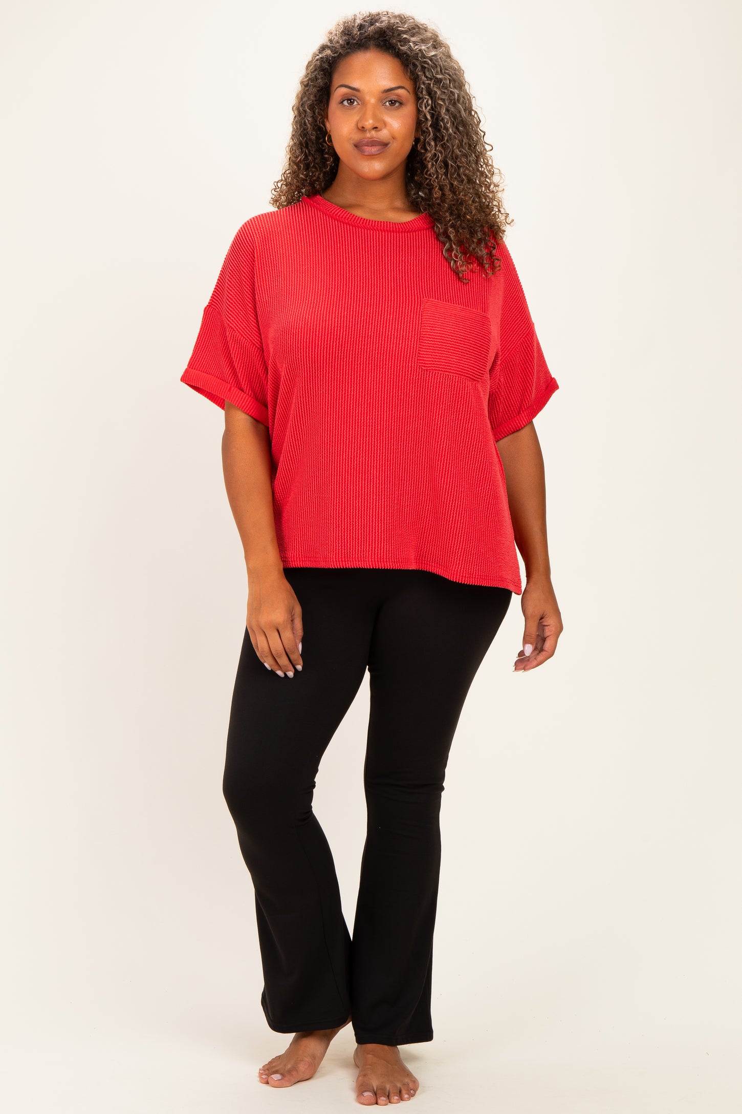 Red Plus Raised Rib Short Sleeve Front Pocket Top
