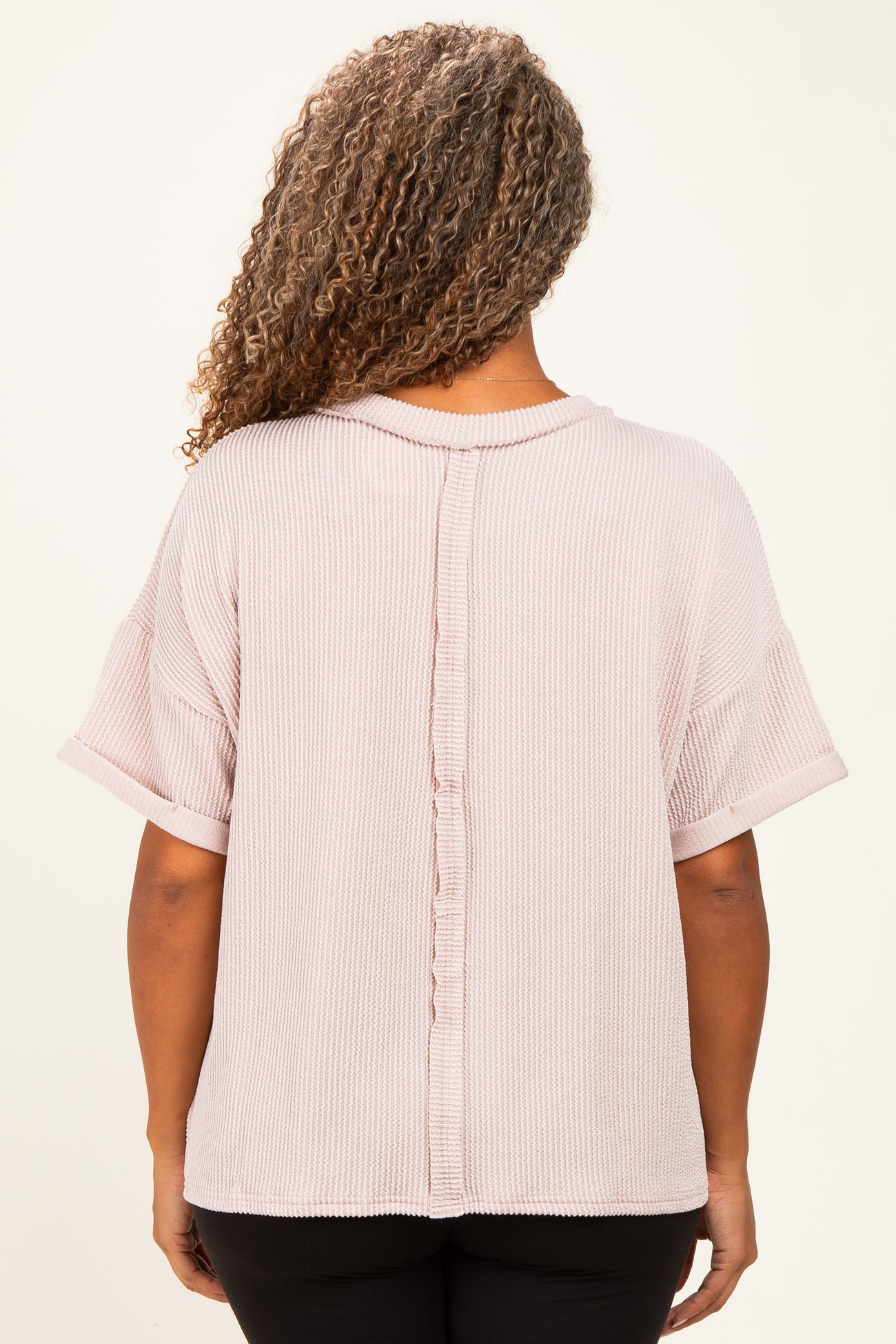 Beige Plus Raised Rib Short Sleeve Front Pocket Top