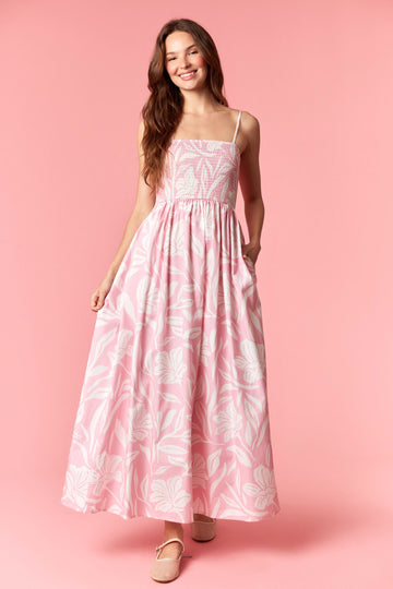 Light Pink Floral Smocked Midi Dress