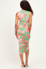 Sage Floral Ruched High Neck Midi Dress