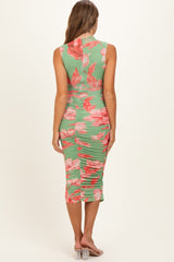 Sage Floral Ruched High Neck Maternity Midi Dress