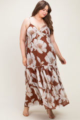 Brown Floral Sleeveless Maternity Plus Maxi Dress