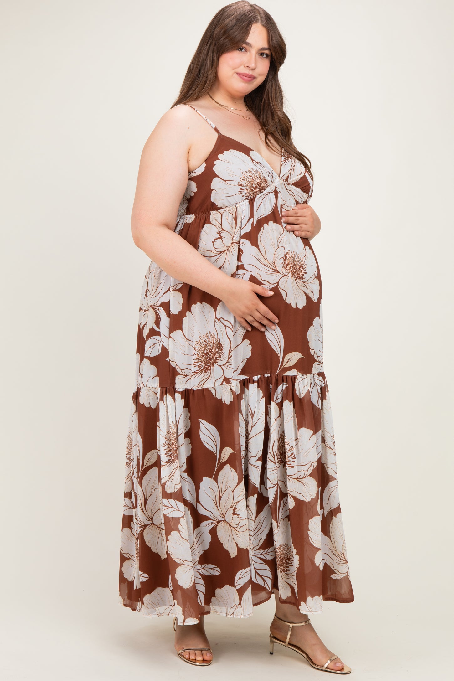 Brown Floral Sleeveless Maternity Plus Maxi Dress