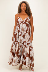 Brown Floral Sleeveless Maternity Plus Maxi Dress