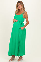 Green Sleeveless Flower Belt Maxi Dress