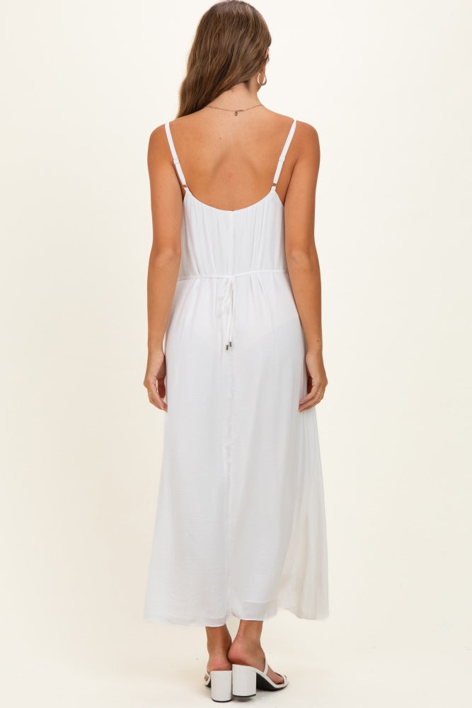 Off White Sleeveless Flower Belt Maxi Dress
