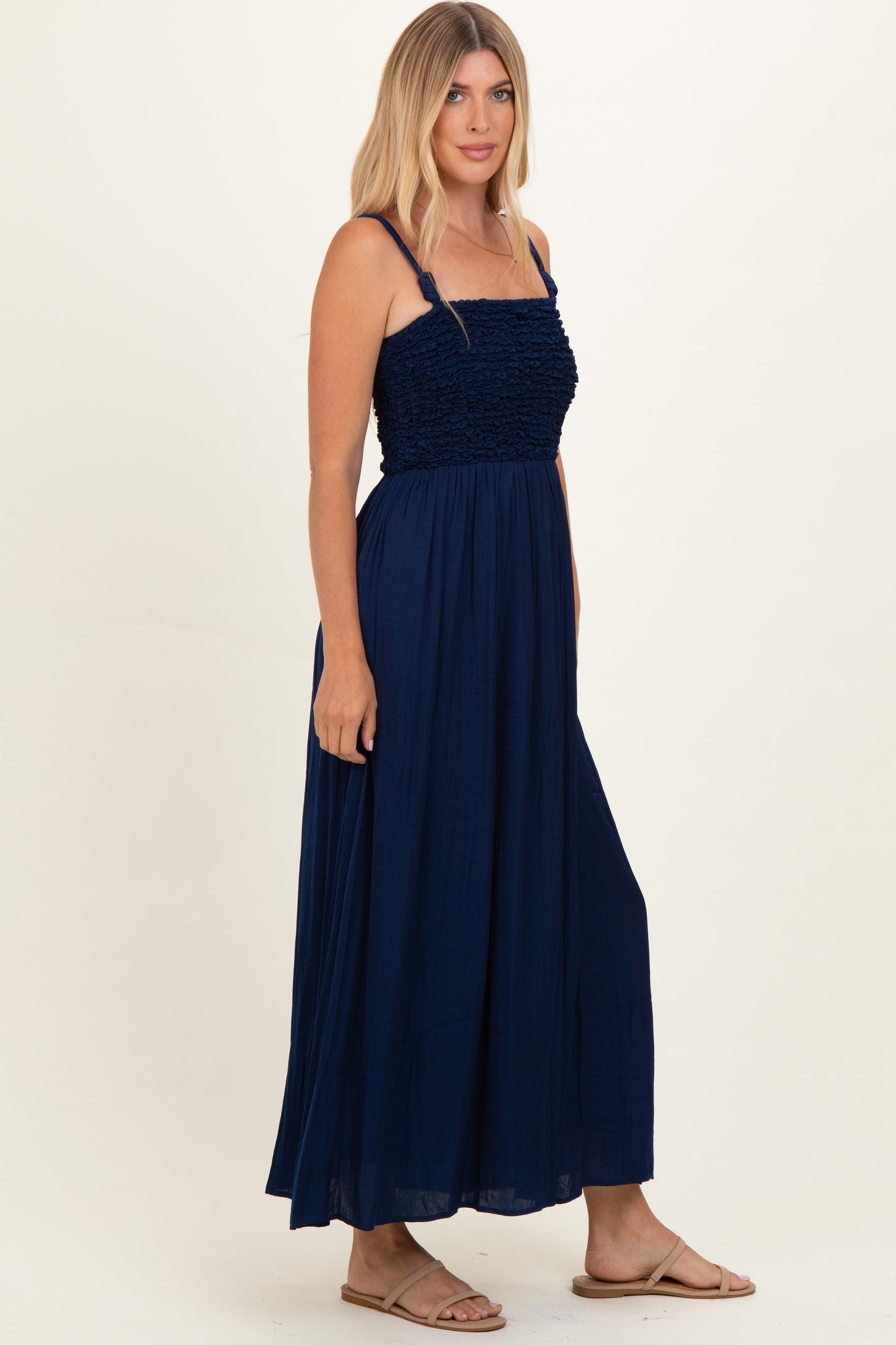 Navy Textured Smocked Maxi Dress
